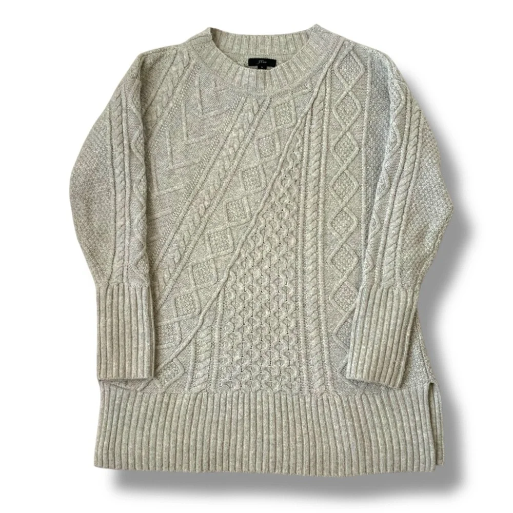 J. CREW Cable Knit Tunic Sweater Wool Blend Patchwork Preppy Beige Gray Small